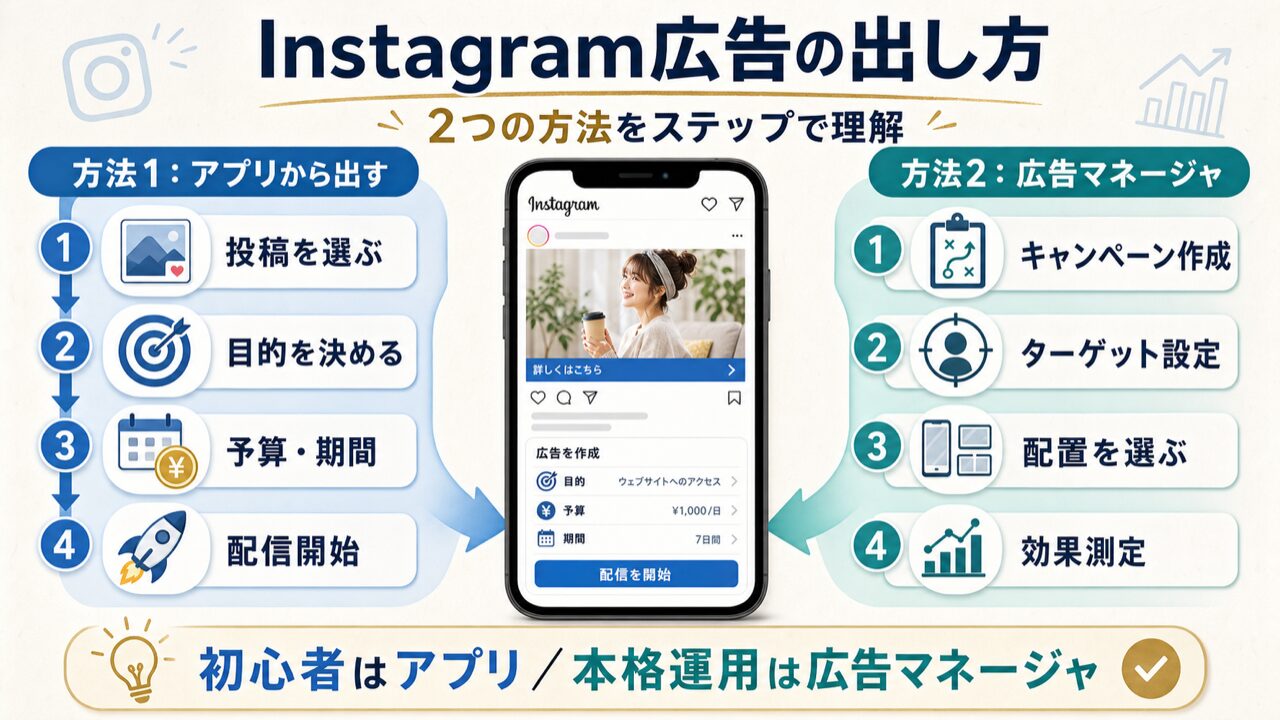 Instagram広告の出し方【2つの方法をステップバイステップ】の図解