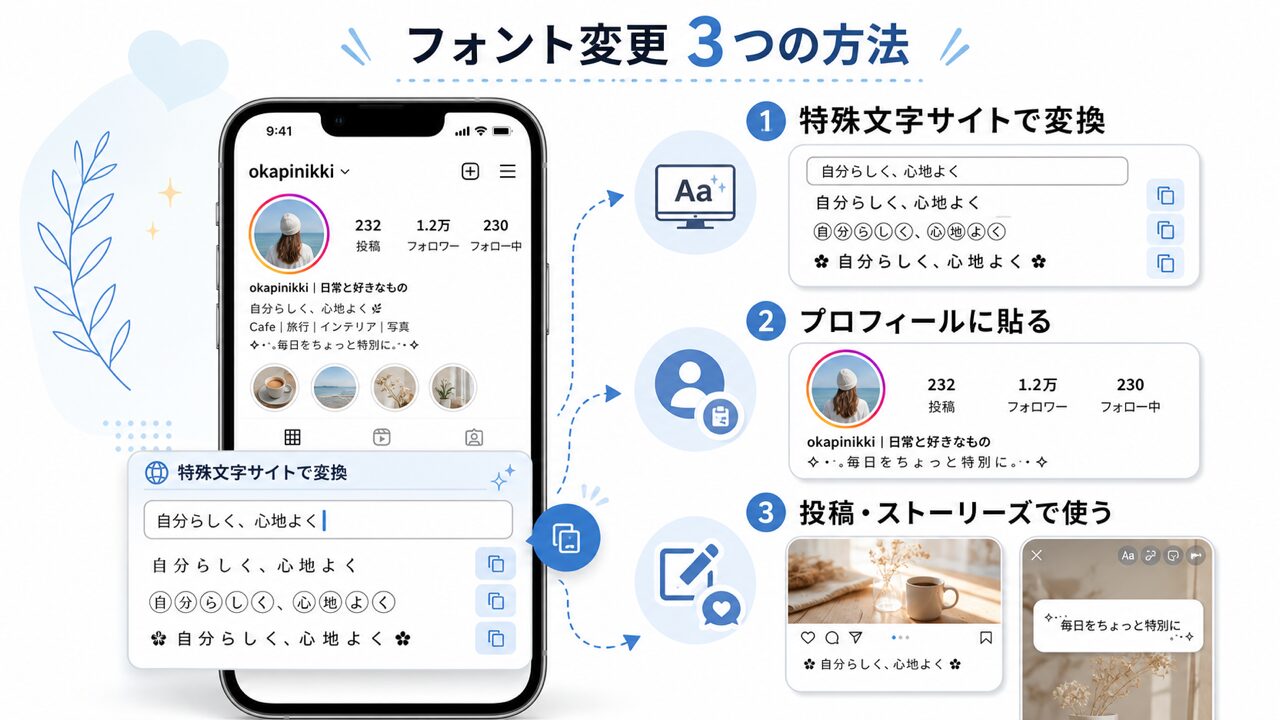 インスタのフォントを変更する3つの方法の図解