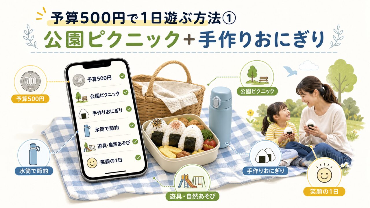 予算500円で1日遊ぶ方法① 公園ピクニック+手作りおにぎりの図解