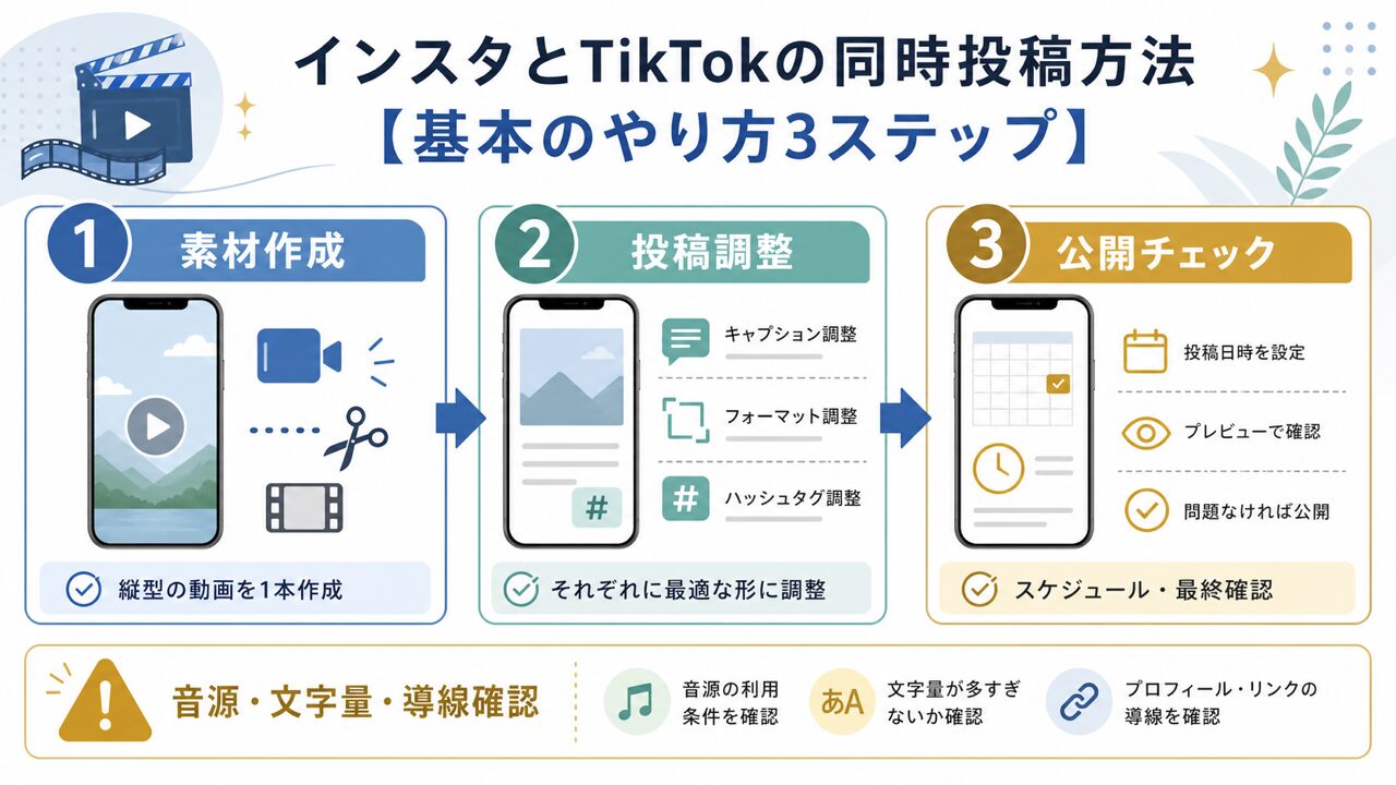 インスタとTikTok同時投稿の基本3ステップを整理した図解