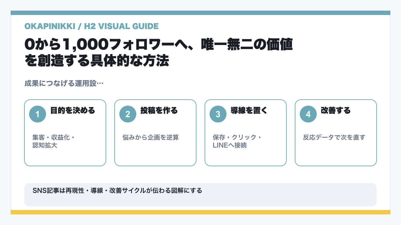 Instagram（インスタグラム）完全初心者が0から1,000フォロワーの増やし方をプロのコンサルが徹底解説【保存版】の要点を整理した図解
