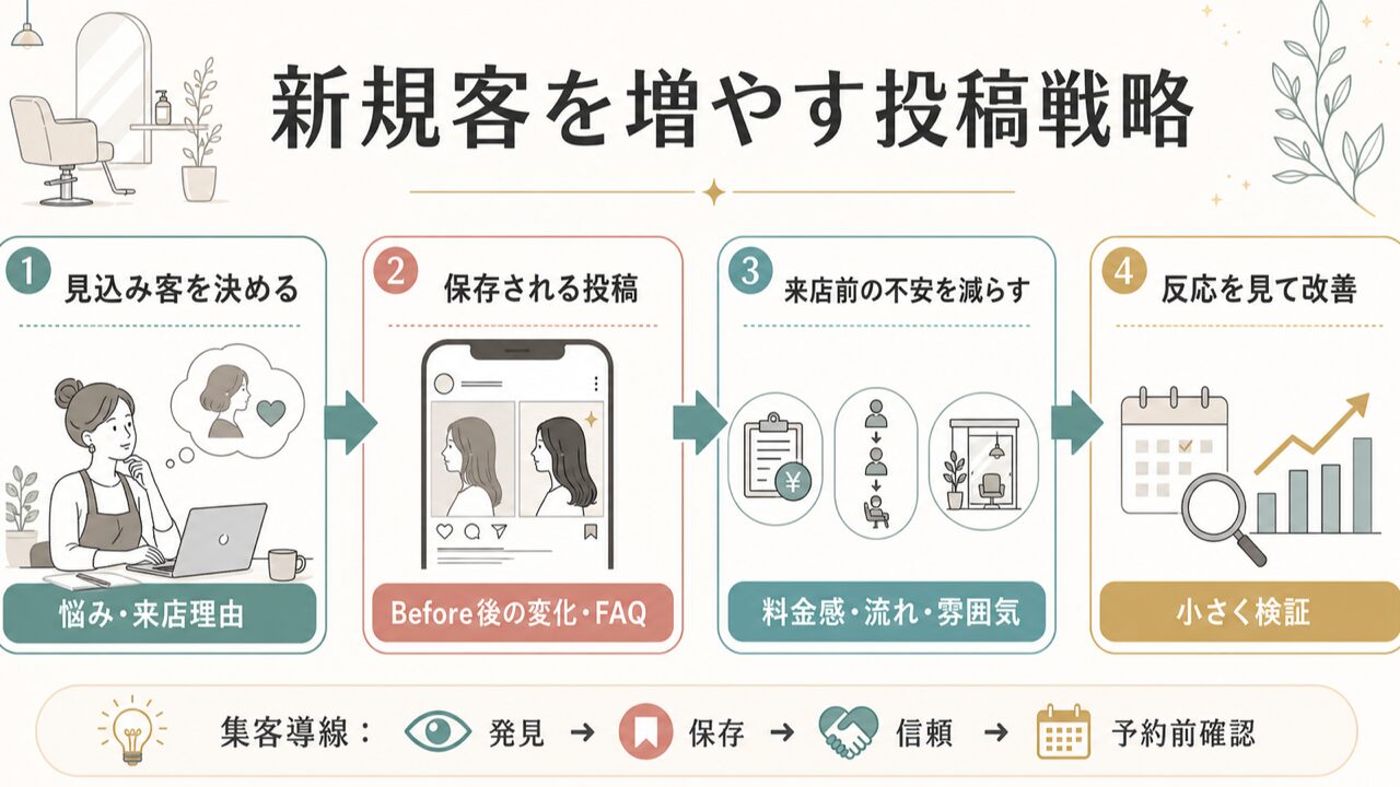 新規客を増やすための投稿戦略の要点を整理した図解