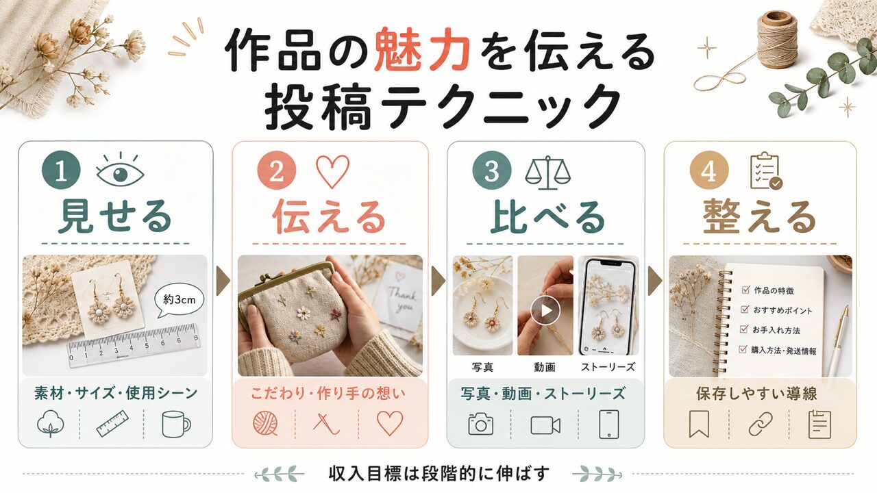 作品の魅力を伝える投稿テクニックの要点を整理した図解