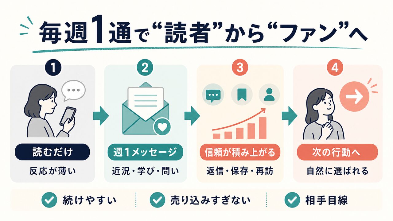 noteの読者をファンに変えた習慣は毎週1通のメッセージだったの要点を整理した図解