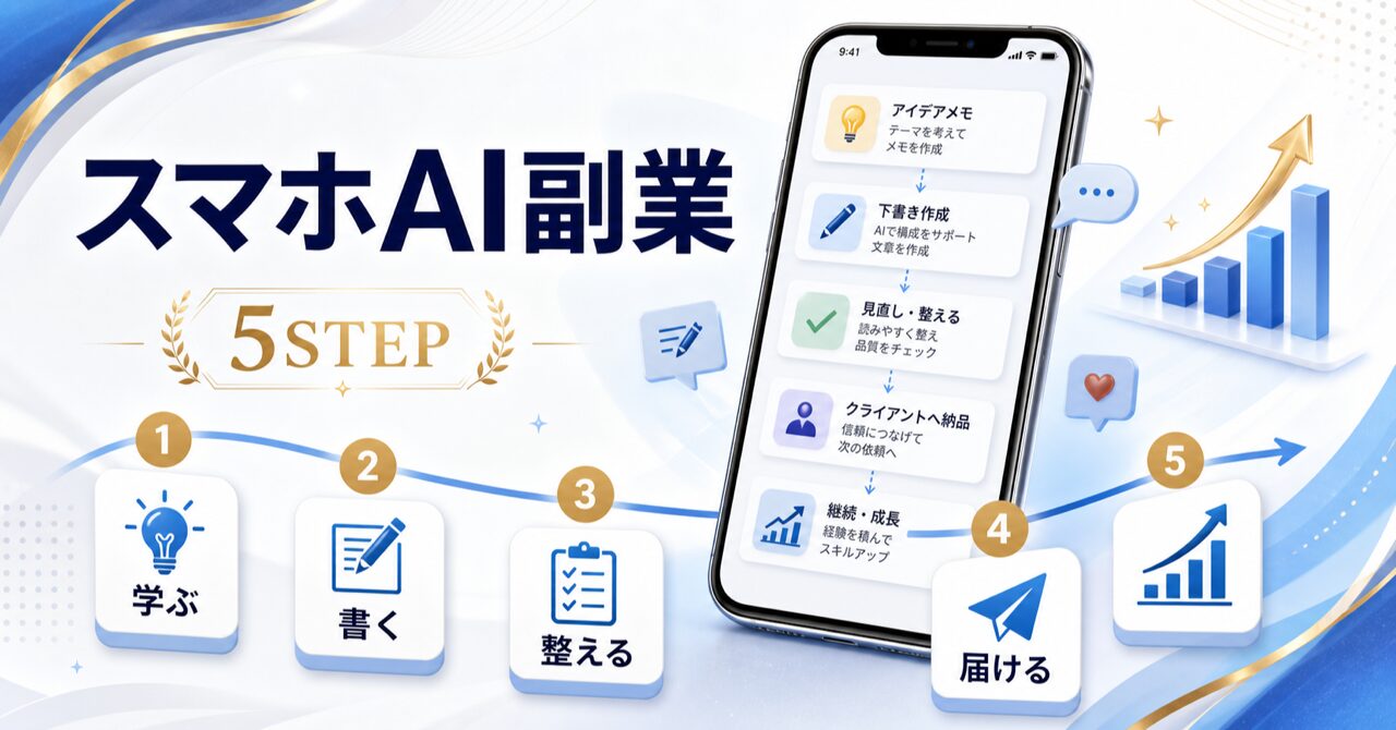 【パソコン不要】スマホでAIライティング副業！月5万円稼ぐ5ステップのアイキャッチ