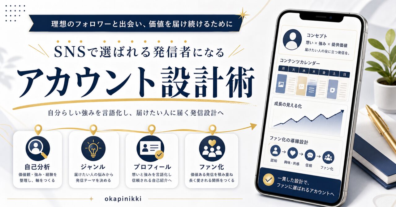Instagram（インスタグラム）で運用初期アカウントコンセプト設計を作る自己分析術｜プロフィールの書き方・ジャンル選定からファン化テクニックまでプロが徹底解説のアイキャッチ