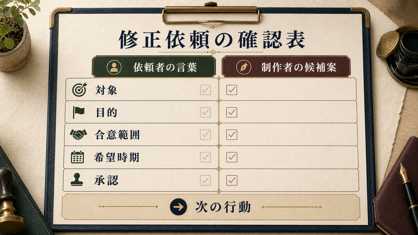 修正依頼の内容を整理するための確認表の図解