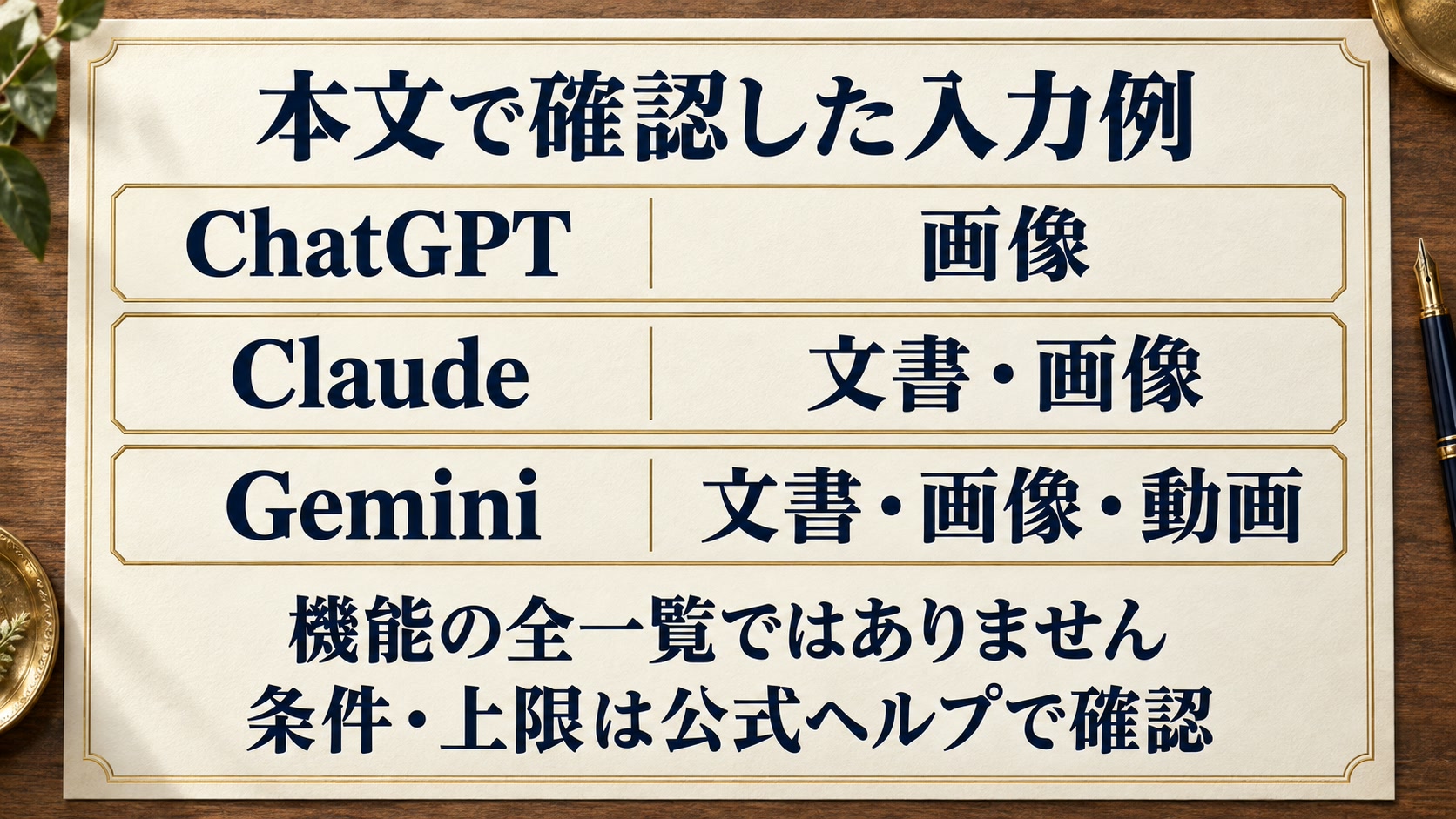 ChatGPT・Claude・Google AIの特徴をインスタ運用視点で比較の本文で確認した入力例を整理した図解