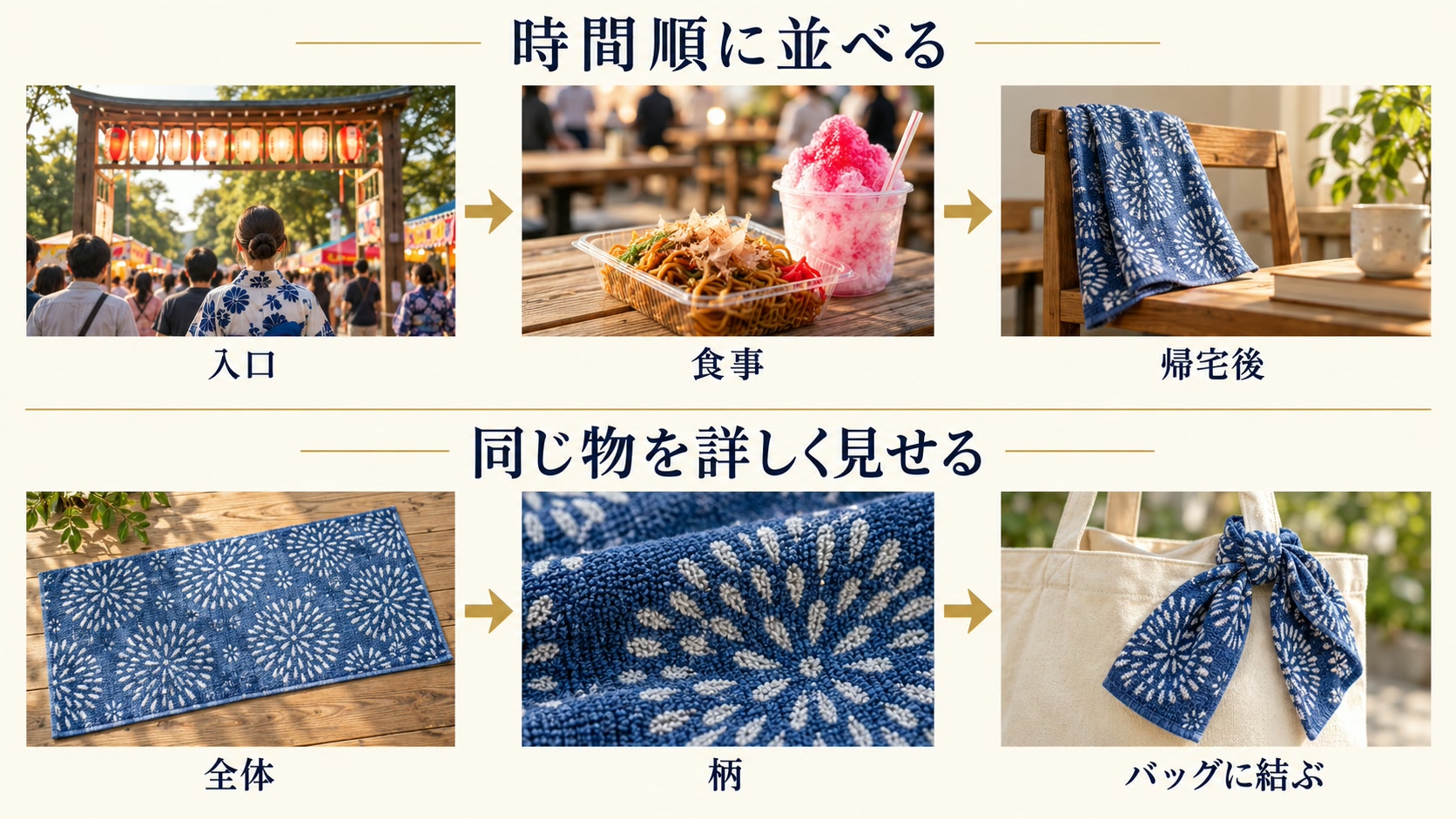 写真の並べ方で一日の話を組み立てるの図解